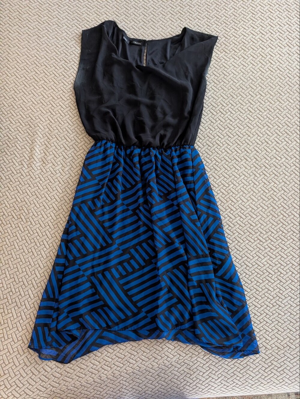 Maurices Black Bodice with Blue Geometric Maxi Dress
